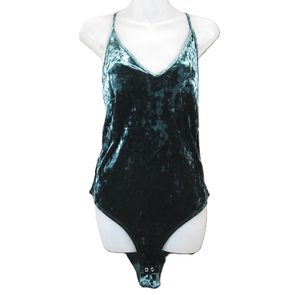 Forever 21 Cami Bodysuit 1X Green Crushed Velvet V-Neck Whimsigoth Glam Holiday